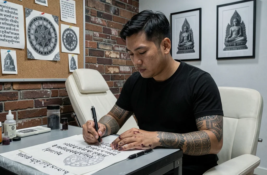 Tatoueur thaïlandais spécialisé dans les tatouages bouddhistes dessinant des inscriptions en pali dans son studio moderne