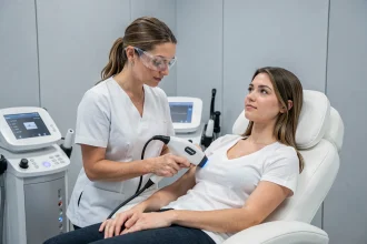 Esthéticienne utilisant un appareil laser professionnel sur le bras d'une cliente dans un centre laser médical moderne