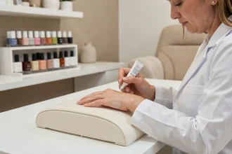 Technicienne en ongle porcelaine appliquant un produit professionnel sur la main d'une cliente dans un salon moderne et épuré