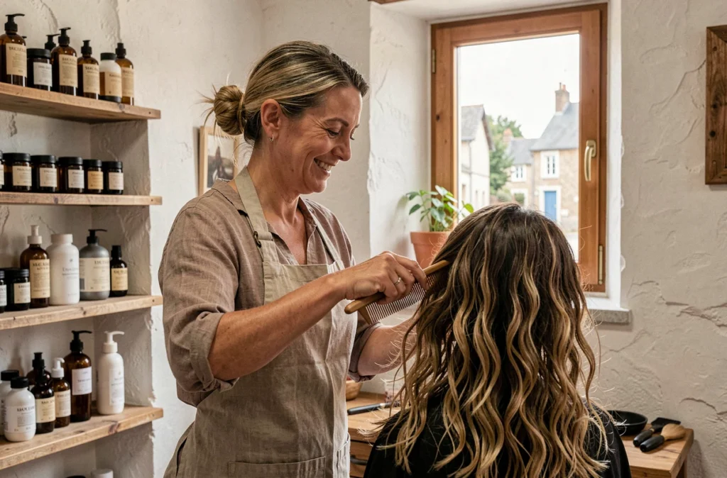 Coiffeuse souriante en tablier de lin travaillant sur les cheveux ondulés d'une cliente dans le salon L'art de pl'Hair à Bourgneuf-en-Retz, cadre rustique avec étagères en bois
