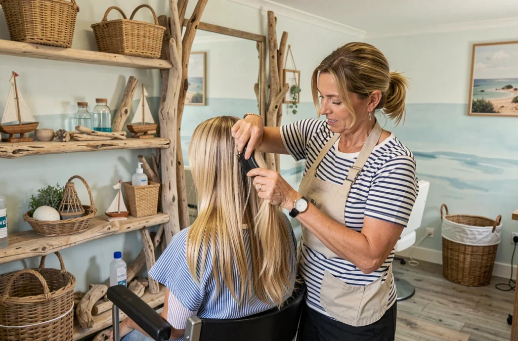 Coiffeuse en marinière Bretonne brossant les cheveux longs d'une cliente dans L'Atelier des Brosses à La Turballe, décor bord de mer avec bois flotté et objets nautiques