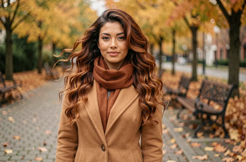 Femme aux boucles rousses balayage en automne dans un parc urbain avec manteau camel