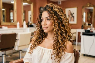 Femme aux cheveux bouclés avec un balayage roux doré dans un salon de coiffure parisien