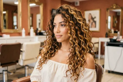 Femme aux cheveux bouclés avec un balayage roux doré dans un salon de coiffure parisien