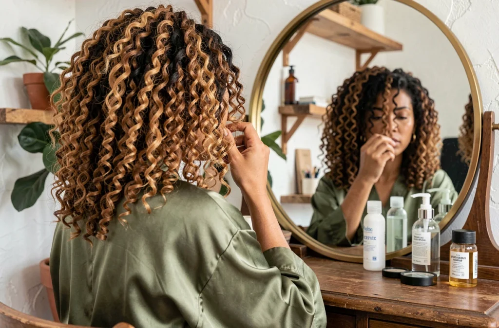 Femme avec coils naturels et balayage roux cannelle devant un miroir vintage à la maison