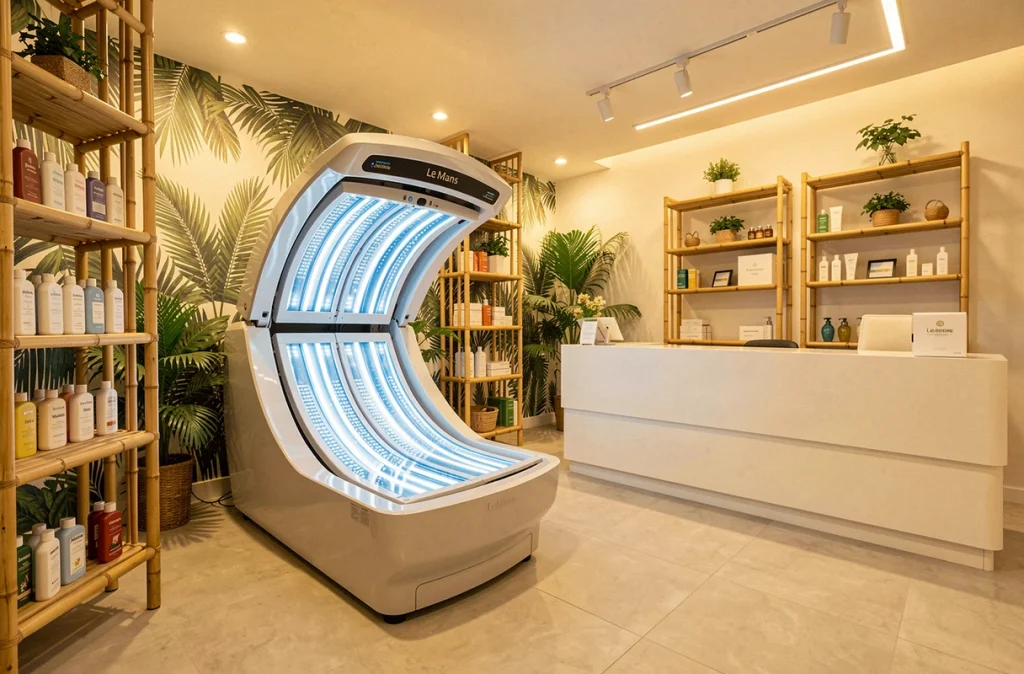 Studio de bronzage moderne avec cabine UV ouverte et décoration tropicale au Brin de Soleil au Mans
