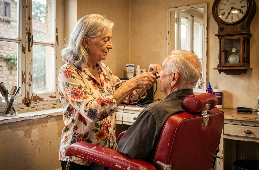 Coiffeuse aux cheveux argentés taillant les cheveux d'un client âgé dans le salon Coup et Coiff à Sainte-Suzanne, ambiance vintage avec fauteuil en vinyle rouge et décor de village