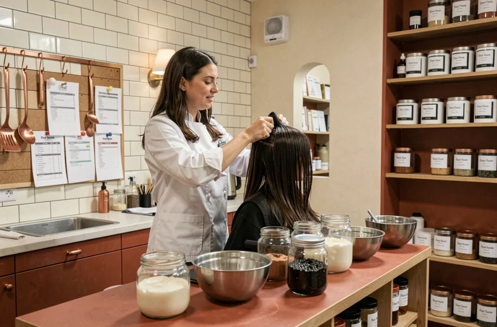 Coiffeuse en veste blanche style chef cuisinier appliquant un soin à la kératine dans le salon Cuisine et Kératine à Nantes, décor original mêlant esthétique culinaire et soin capillaire