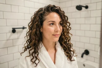 Femme aux cheveux bouclés avant et après traitement Olaplex dans une salle de bain moderne, montrant la transformation des boucles abîmées en boucles hydratées et définies