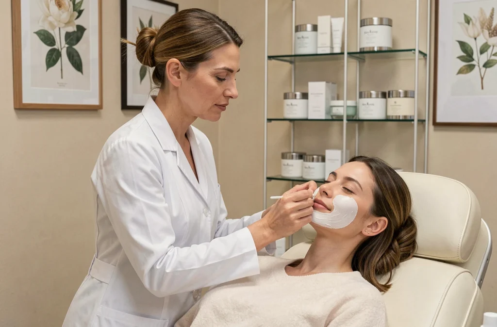 Esthéticienne appliquant un masque de soin sur le visage d'une cliente dans l'Institut Claire Avril au Mans