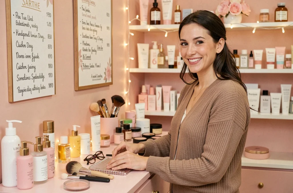 Professionnelle de beauté souriante arrangeant ses produits dans un charmant institut de beauté en Sarthe