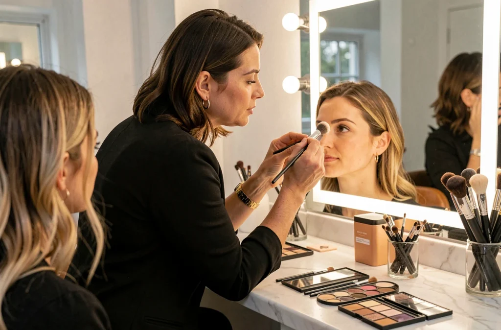 Maquilleuse professionnelle appliquant du fond de teint sur une cliente devant un miroir lumineux à l'Institut Milissa Angers