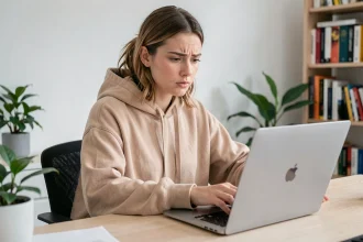 Jeune femme consultant son ordinateur portable dans un bureau moderne, illustrant la recherche d'informations sur des rumeurs en ligne