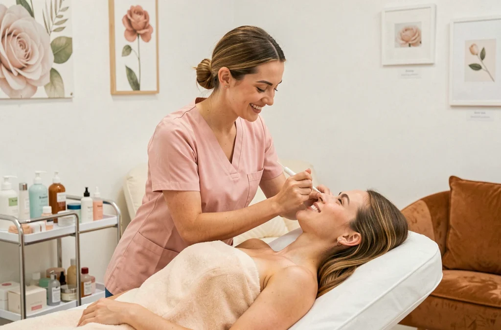 Esthéticienne effectuant un soin du visage sur une cliente dans un institut de beauté généraliste à Nantes