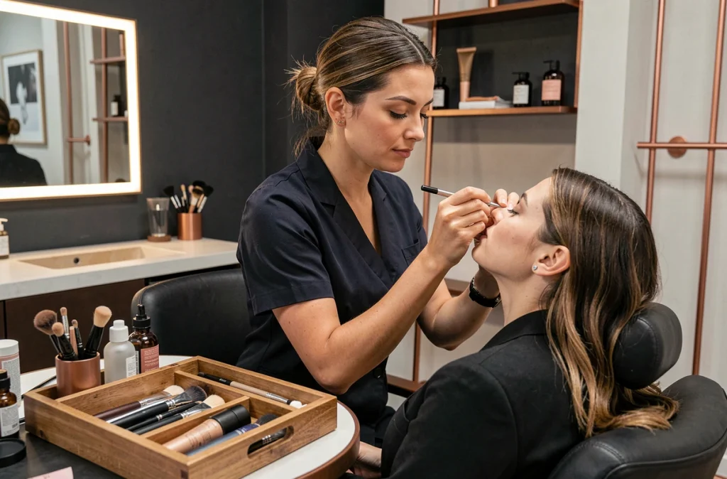 Esthéticienne effectuant un soin des sourcils sur une cliente dans un institut de beauté moderne à Cholet