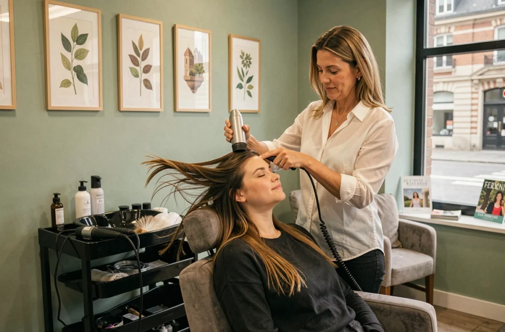 Coiffeuse en blouse blanche séchant les cheveux d'une cliente détendue dans le salon La paren(thèse) à Angers, intérieur cosy avec murs vert sauge et prints botaniques encadrés