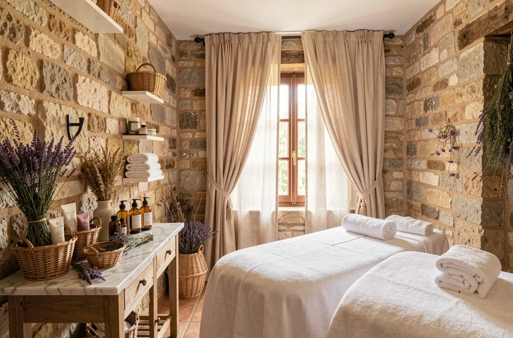 Salle de soin intimiste inspirée de la Provence avec des produits L'Occitane dans un petit spa à Angers