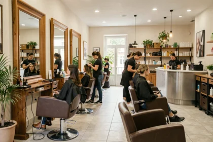 Vue d'ensemble d'un salon de coiffure élégant dans les Pays de la Loire, avec des fauteuils modernes, des miroirs encadrés de bois et des coiffeurs au travail