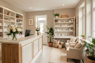Intérieur accueillant d'un institut de beauté dans les Pays de la Loire avec un comptoir de réception fleuri et des étagères de produits de soin