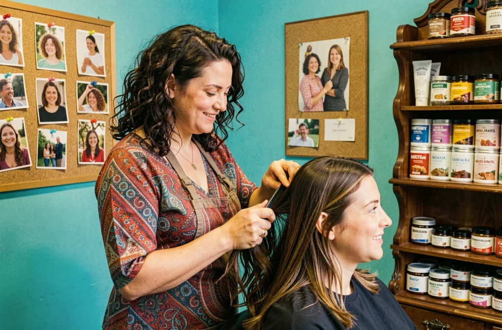 Coiffeuse aux cheveux bouclés appliquant un soin capillaire sur une cliente dans le salon @nelore coiffure à Baugé, ambiance chaleureuse avec mur turquoise et étagère vintage