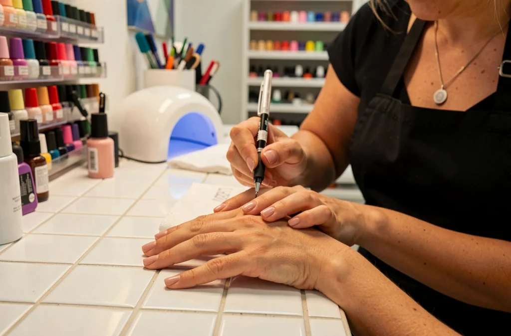 Technicienne en onglerie appliquant du vernis gel sur les ongles d'une cliente dans un salon de Nantes