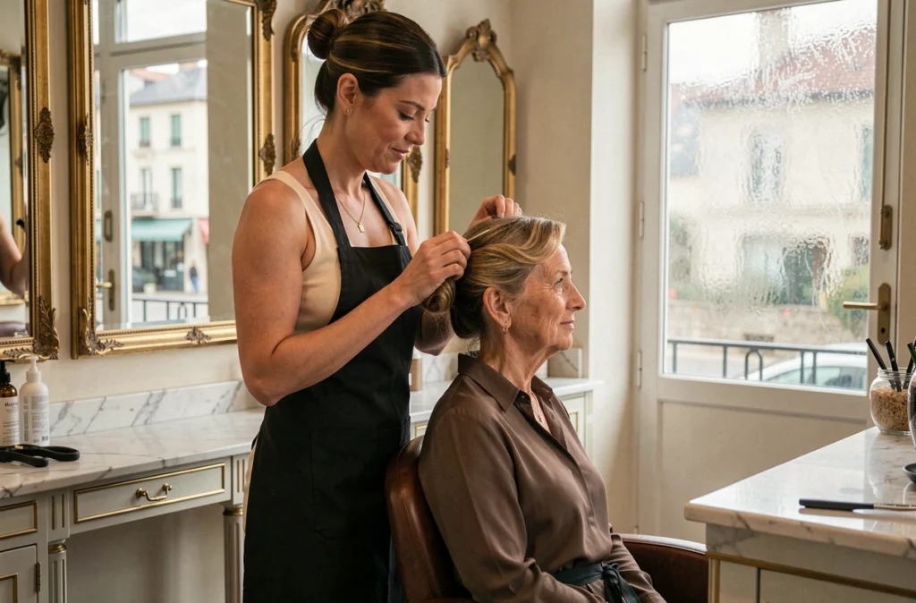 Coiffeuse élégante en tablier noir coiffant une cliente dans le salon Ruhlmann Élégance à Guérande, décor art déco avec miroirs ornés et comptoir en marbre
