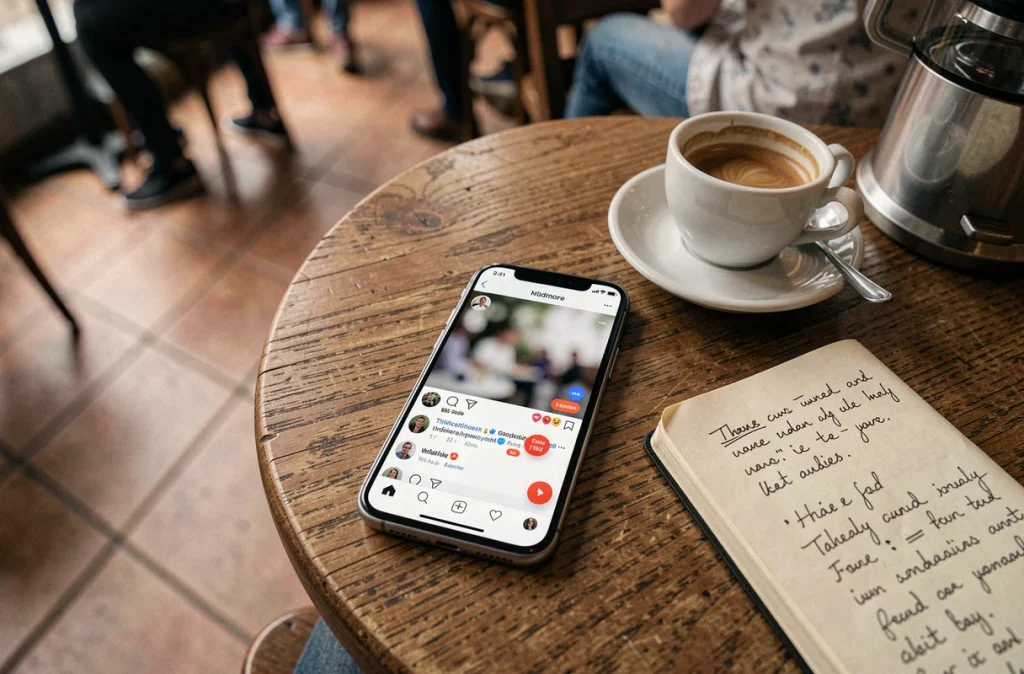 Smartphone posé sur une table de café affichant un fil de réseau social, symbolisant la propagation de rumeurs et de fuites en ligne