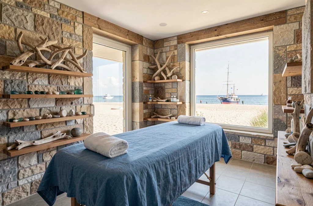 Salle de soin luxueuse avec décoration maritime et table de massage en lin dans un spa aux Sables-d'Olonne