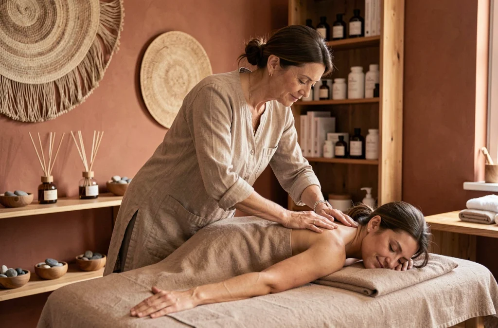 Thérapeute réalisant un massage traditionnel sur une cliente dans un centre de bien-être Traditions Du Bien Être à Angers