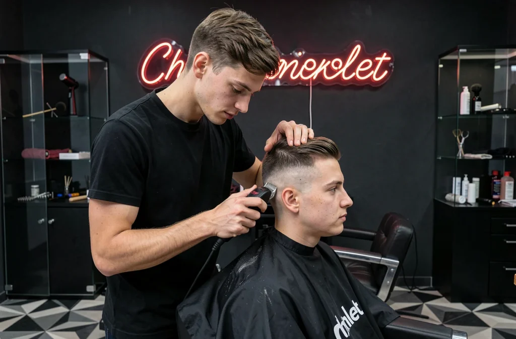 Coiffeur jeune en tenue noire réalisant un dégradé précis sur un client dans le salon Urban à Cholet, décor urbain audacieux avec carrelage géométrique et enseigne néon