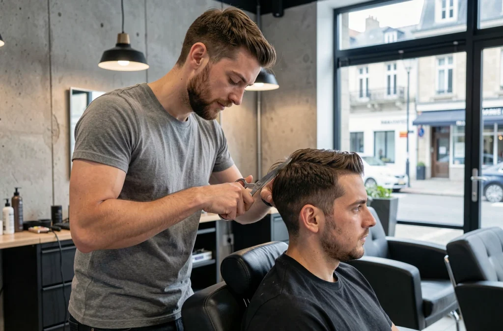 Coiffeur masculin en t-shirt gris réalisant une coupe précise au ciseau sur un client dans le salon Via Claudia à Nantes, intérieur urbain contemporain avec murs en béton apparent
