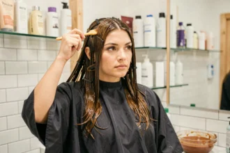 Femme appliquant une coloration caramel miel sur ses cheveux à la maison dans une salle de bain moderne