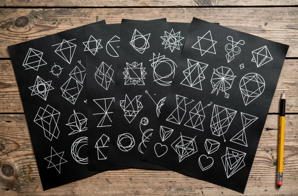 Planche de motifs géométriques simples pour un tatouage discret