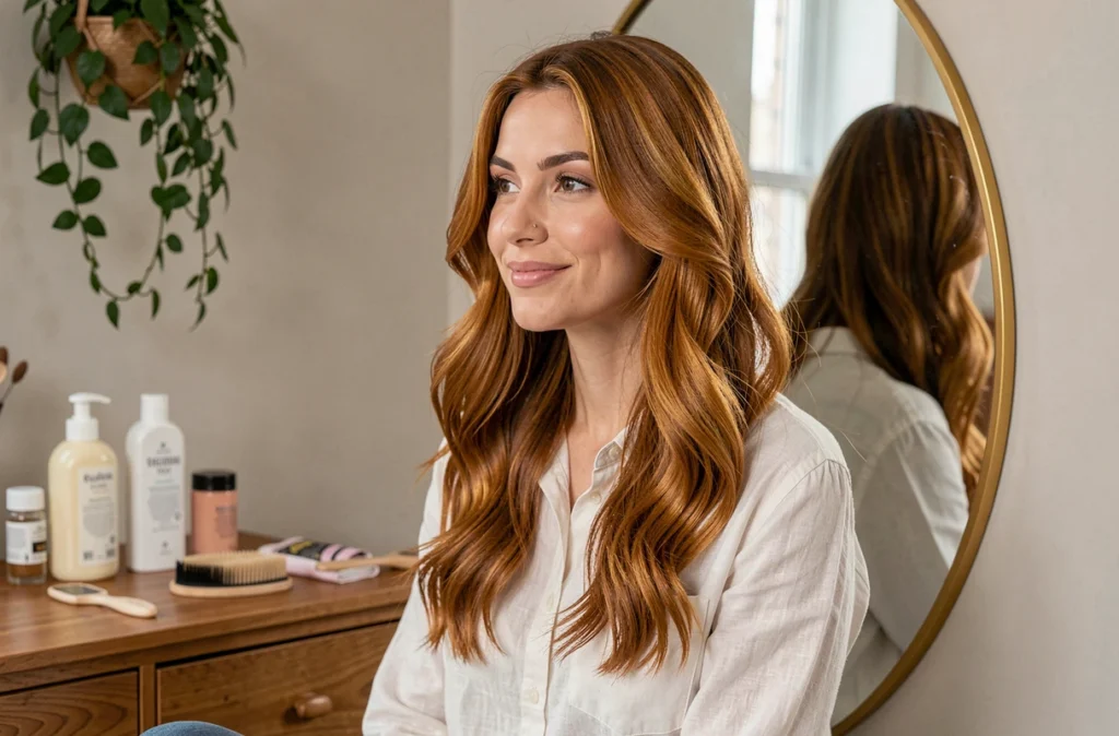 Femme aux cheveux colorés caramel miel admirant le résultat de sa coloration maison devant un miroir
